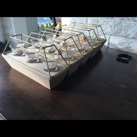 Gold and wood geometric candle holders - Picture 2 of 7